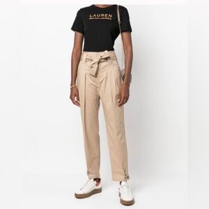 Lauren Ralph Lauren Paperbag Waist Tapered Khaki Belted Pants Size 16